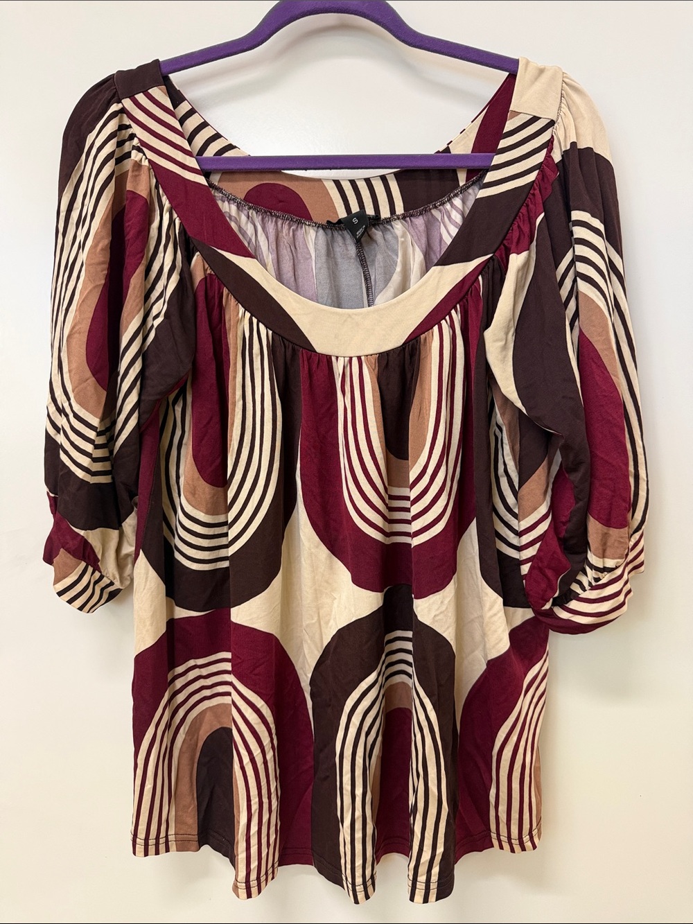Boho Scoop-Neck Peasant Top in Burgundy, Cream & Brown